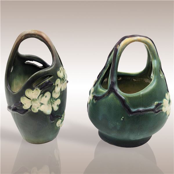 Pair Of Antique Scarce Roseville Pottery Baskets From The Dogwood II Line, Circa 1916-1919