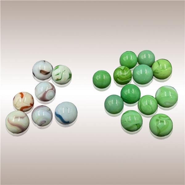 Marbles: Seven Possibly Ravenswood With Swirls And Twelve Green Game Marbles