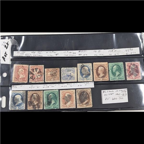 Lot Of 13 Early United States Stamps Ranging From 1864-1873, Very Good Condition But Used