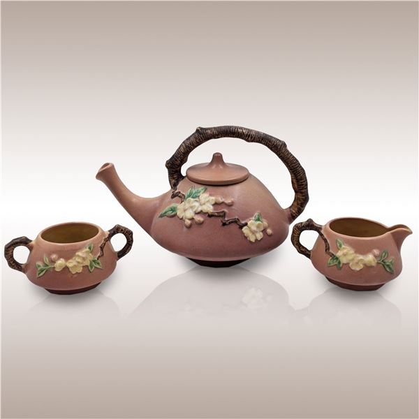 3 Piece Roseville Pink Apple Blossom Line Tea Set, Circa 1940