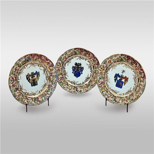 Set Of 3 Hand Painted Armorial Capodimonte Plates 19th Century