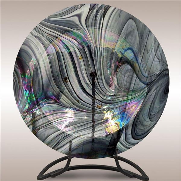 Large Vintage Iridescent And Opalescent Oil Slick Glass Platter With Metal Stand, Stamped On Back