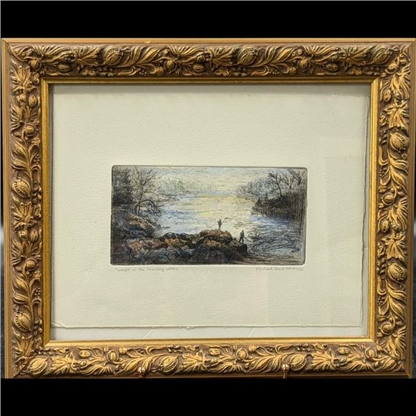 Limited Ed. 12/15 Pencil Signed Michael Bond Colored Etching, "Twilight On The Boundary Waters"
