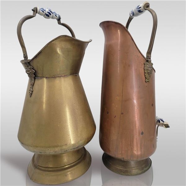 Pair Of Brass And Copper Coal Scuttles With Porcelain Handles