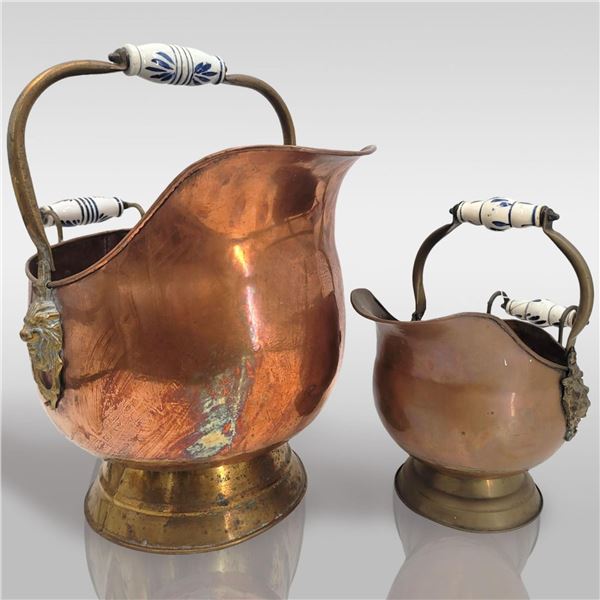 Pair Of Brass And Copper Coal Scuttles With Porcelain Handles