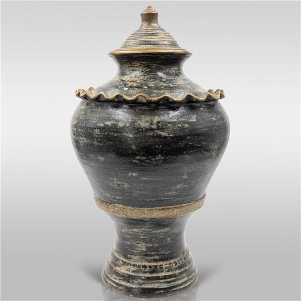 Vintage Thai Painted Pottery Lidded Vase