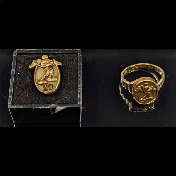 Pair Of Disney Cast Member Accessories, 14K Gold Cast Member Ring And 20 Years Of Service Pin