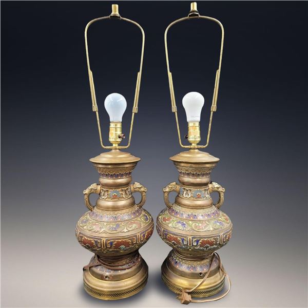 Pair Of Brass Champleve Table Lamps