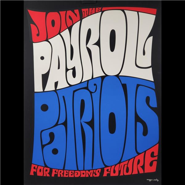 Nasa Lockheed Artist Maggie Wesley Vintage Screen Print, "Join The Payroll Patriots" 1950-1960s