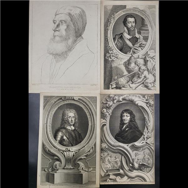 Lot Of 4 Very Old Antique Etching Portraits Of English Earls & Baronet