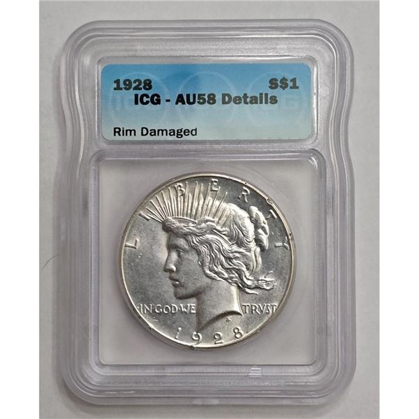 Graded U.S. Peace Type Silver Dollar, 1928 AU58