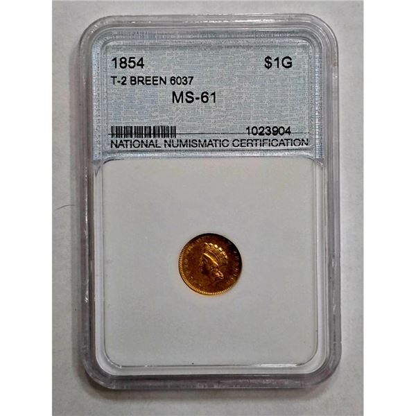 Graded 1854 G$1 Indian Princess Small Head MS-61 Gold Dollar Rare Coin