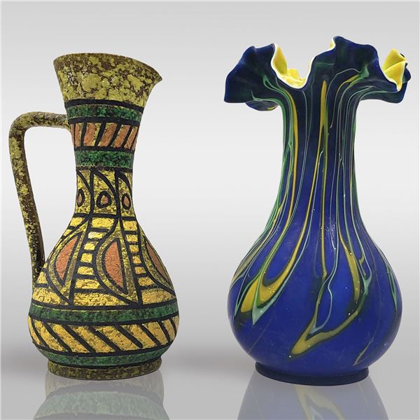 Pair Of Vases, Italian Midcentury Pitcher + Blue & Yellow Frilled Art Glass Vase