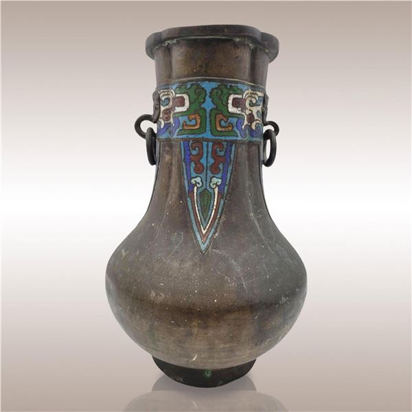 A 19th C Taotie Handled Cloisonne Archaic Style Vase