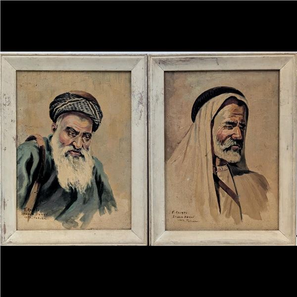 Pair Of Signed And Dated Oil On Board Orientalist Iranian Portrait Paintings, 1953