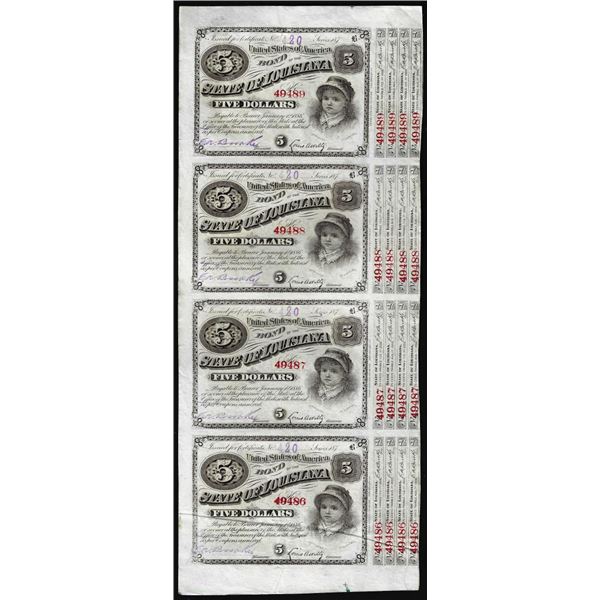 Uncut Sheet of (4) State of Louisiana Baby Bond Obsolete Notes