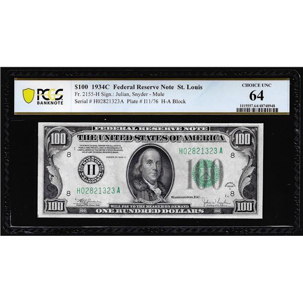 1934C $100 Federal Reserve Note St. Louis Fr.2155-H PCGS Choice Uncirculated 64