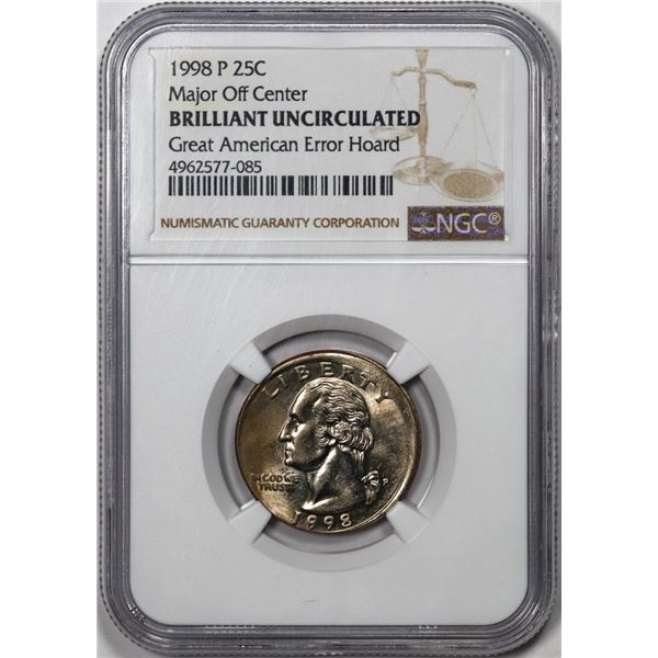 1998-P Washington Quarter Coin Error Major Off Center NGC Brilliant Uncirculated