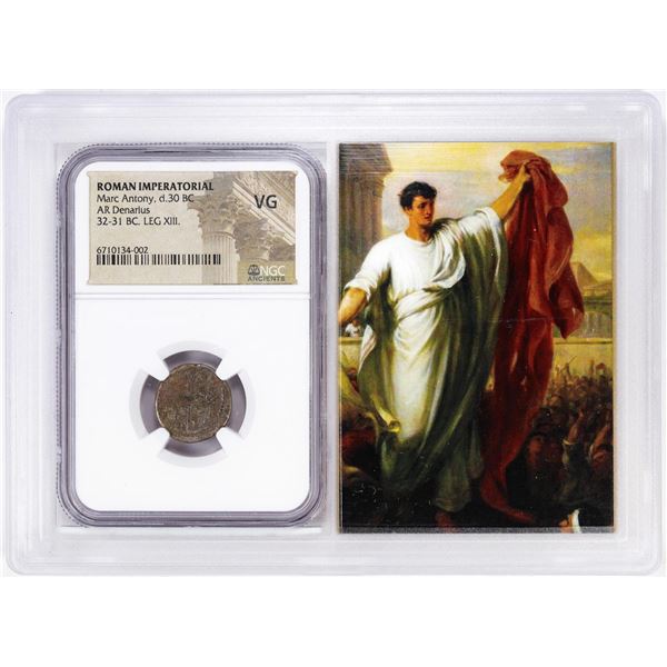 Roman Imperatorial 32-31 BC Marc Antony AR Denarius Ancient Coin NGC VG Story Box