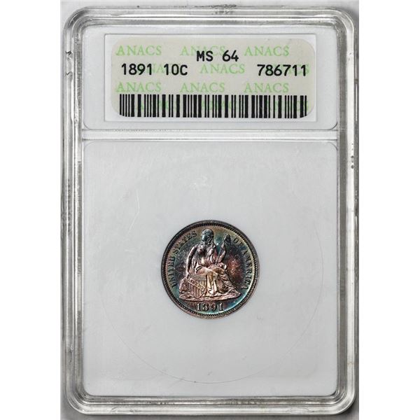 1891 Seated Liberty Dime Coin ANACS MS64 Amazing Toning Old Soap Box Holder