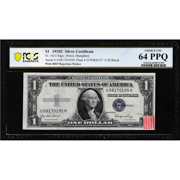 1935E $1 Silver Certificate Note Fr.1614 PCGS Choice Uncirculated 64PPQ w/BEP Sticker