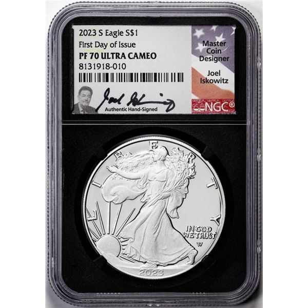 2023-S $1 Proof American Silver Eagle Coin NGC PF70 Ultra Cameo FDOI Iskowitz Signed