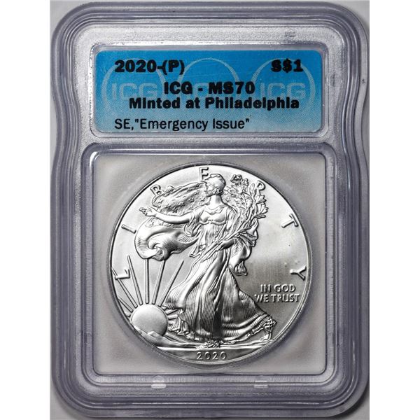 2020-(P) $1 American Silver Eagle Coin ICG MS70 Emergency Issue Philadelphia Mint