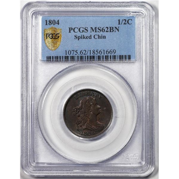 1804 Spiked Chin Draped Bust Half Cent Coin PCGS MS62BN