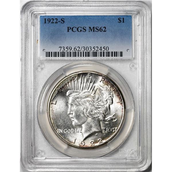 1922-S $1 Peace Silver Dollar Coin PCGS MS62