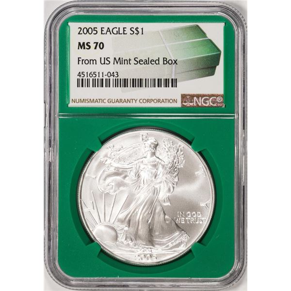 2005 $1 American Silver Eagle Coin NGC MS70 From US Mint Sealed Box Green Core