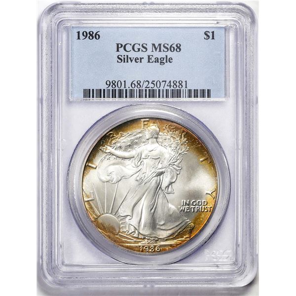 1986 $1 American Silver Eagle Coin PCGS MS68 Great Toning