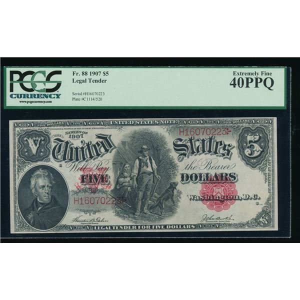 1907 $5 Legal Tender Note PCGS 40PPQ
