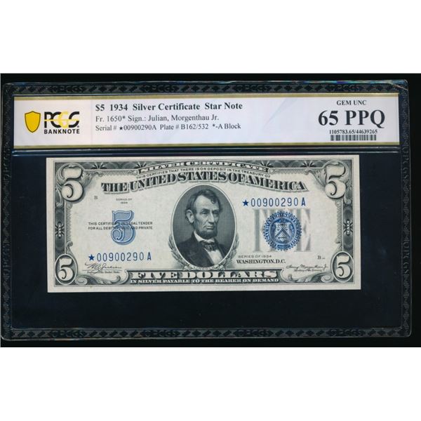 1934 $5 STAR Silver Certificate PCGS 65PPQ