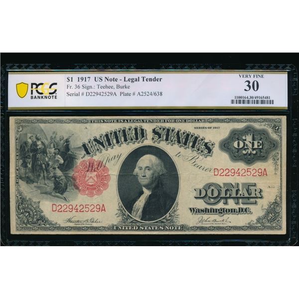 1917 $1 Legal Tender Note PCGS 30
