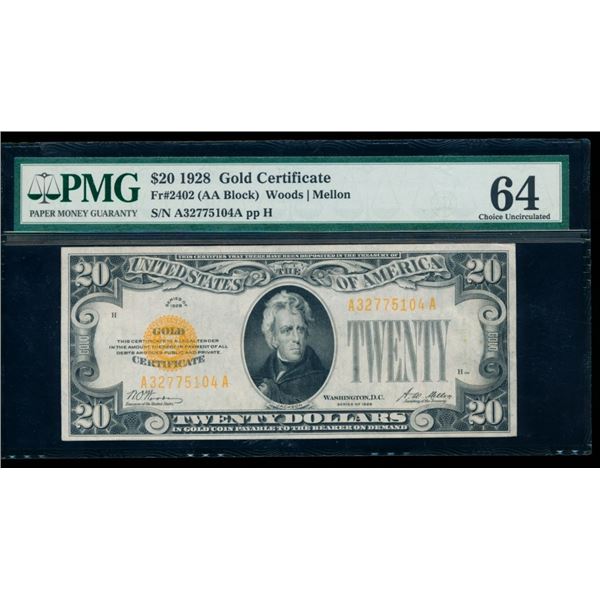 1928 $20 Gold Certificate PMG 64