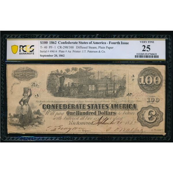 1862 $100 T-40 Confederate PCGS 25