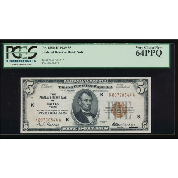 1929 $5 Dallas FRBN PCGS 64PPQ