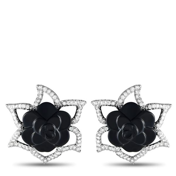 Chanel Camellia 18K White Gold 3.65ct Diamond and Onyx Flower Earrings