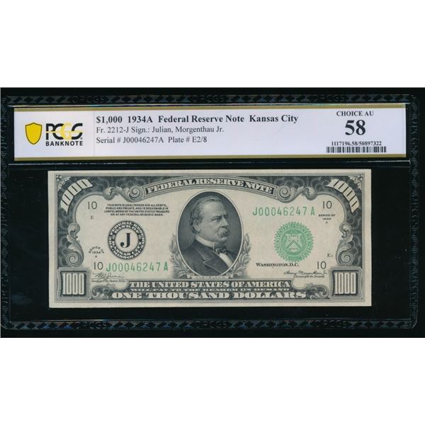 1934A $1000 Kansas City FRN PCGS 58