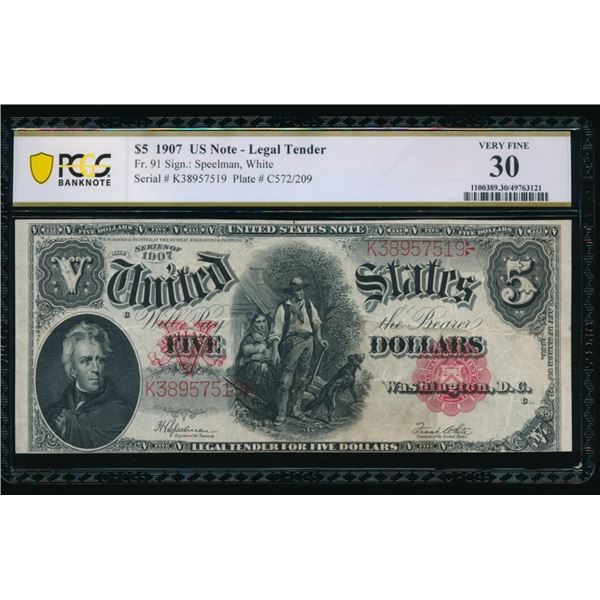 1907 $5 Legal Tender Note PCGS 30