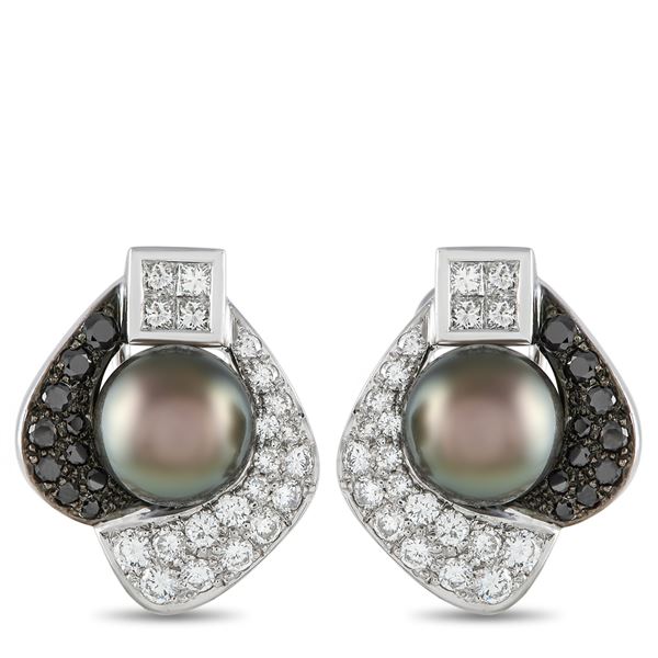 ADione 18K White Gold 1.65ct White and 0.70ct Black Diamond and Tahitian Pearl Earrings