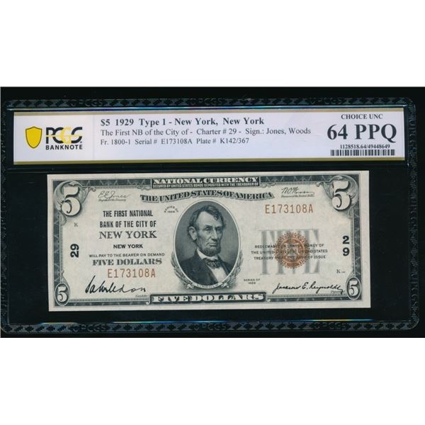 1929 $5 New York NY National PCGS 64PPQ