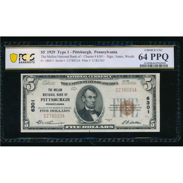 1929 $5 Pittsburgh PA National PCGS 64PPQ