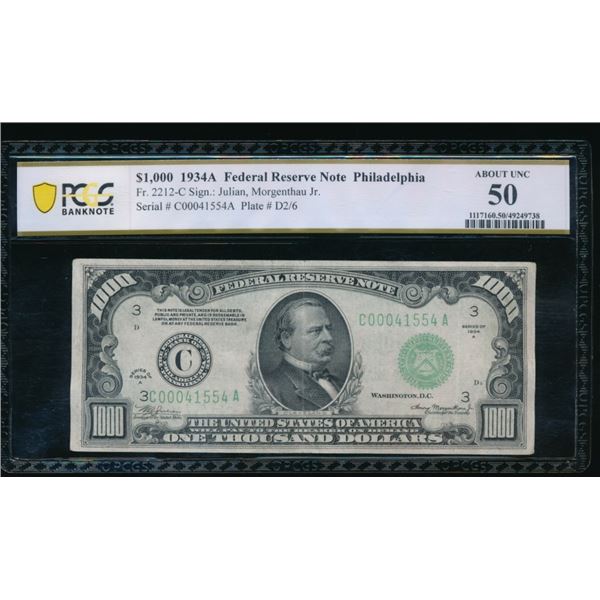 1934A $1000 Philadelphia FRN PCGS 50