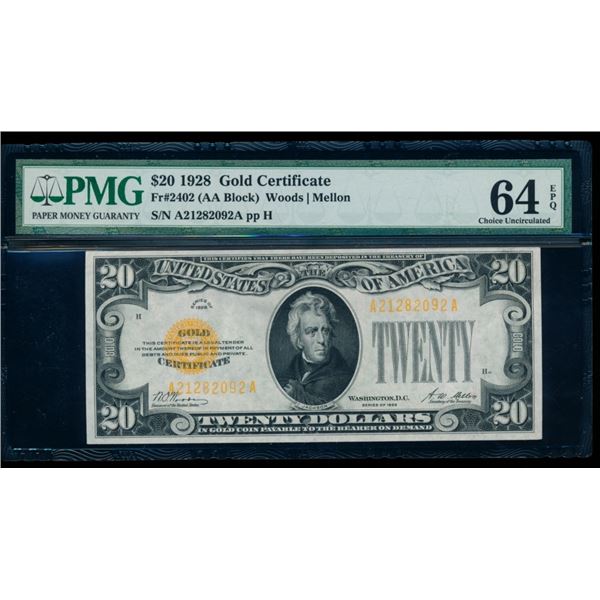 1928 $20 Gold Certificate PMG 64EPQ