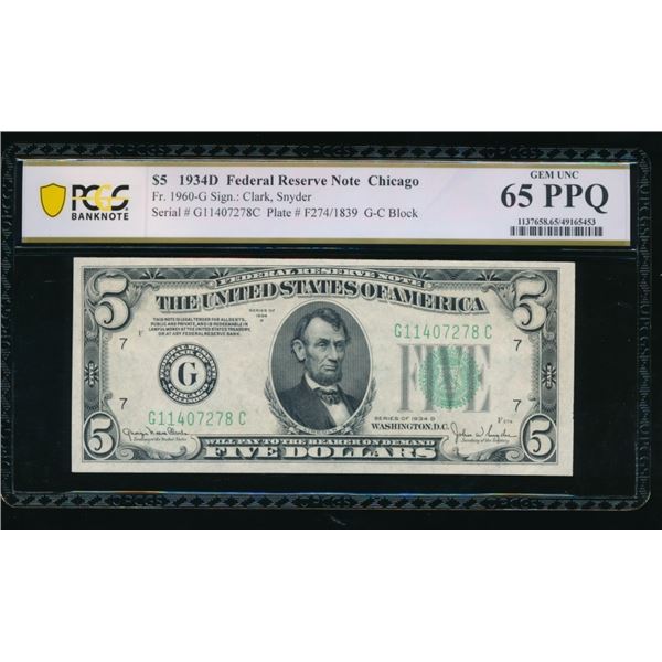 1934D $5 Chicago FRN PCGS 65PPQ