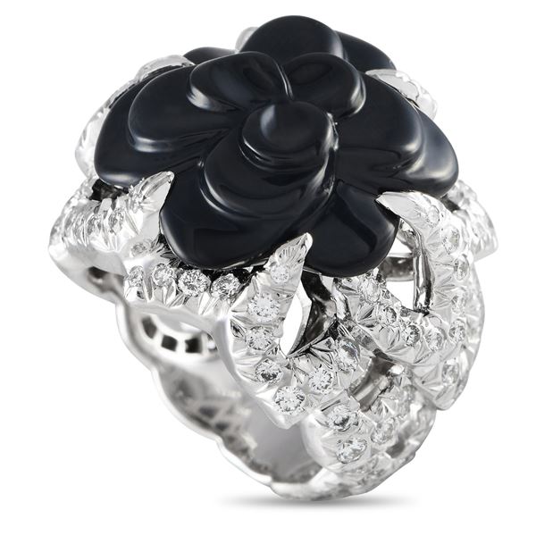 Chanel Camlia 18K White Gold 2.50ct Diamond and Onyx Cocktail Ring