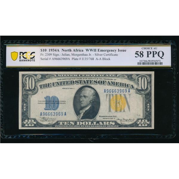 1934A $10 N Africa Silver Certificate PCGS 58PPQ
