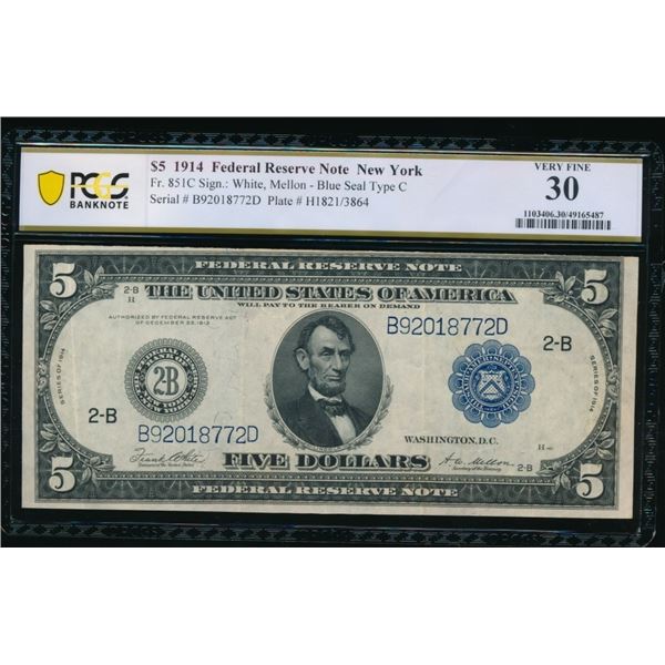 1914 $5 New York FRN PCGS 30