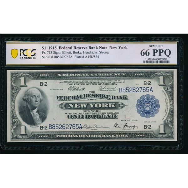 1918 $1 New York FRBN PCGS 66PPQ